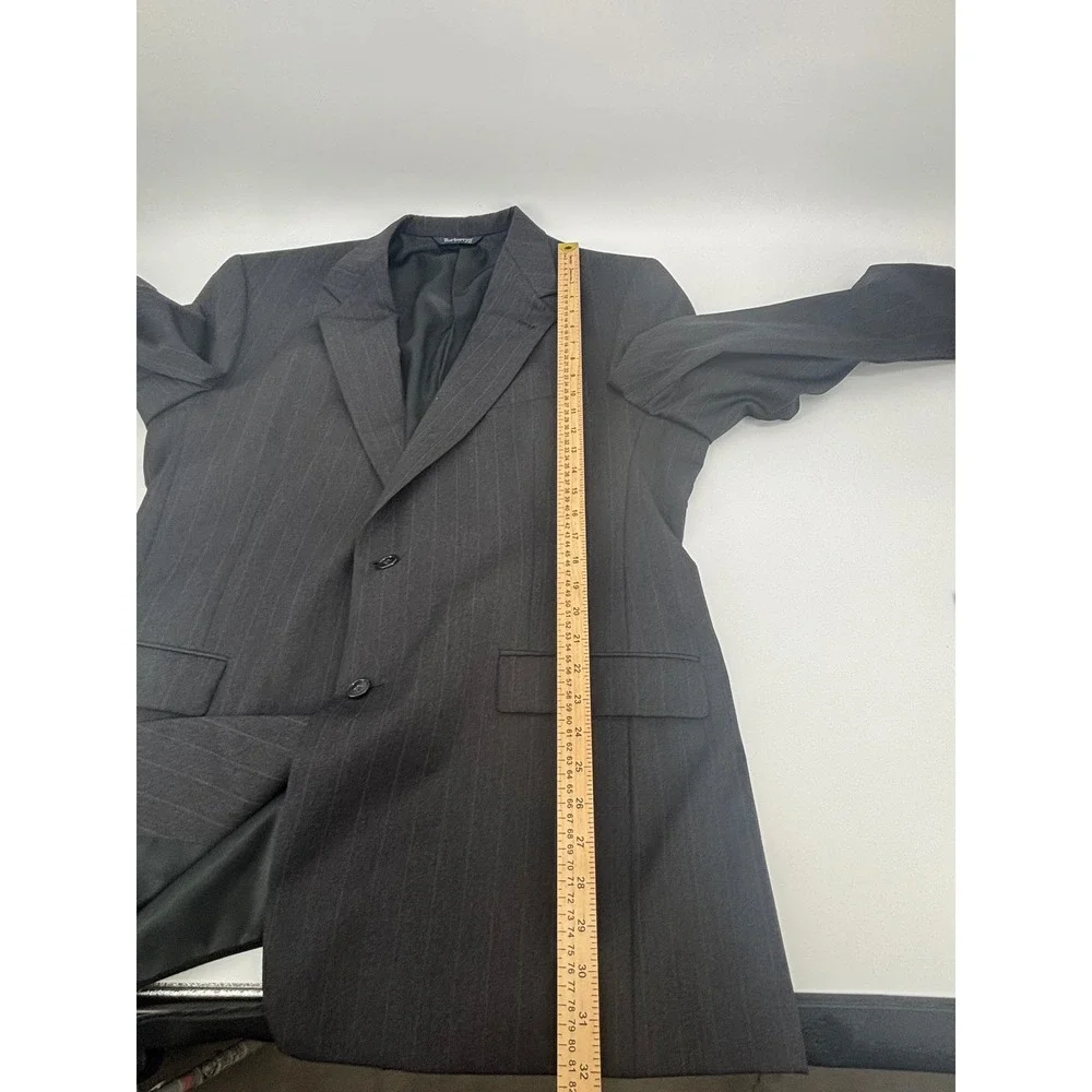 Burberrys Mens Pinstripe Suit Charcoal Grey Wool 2 Button Blazer Pleated Pants